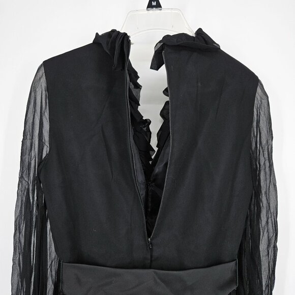 Vintage 1960s Cocktail Party Dress 9 Black Chiffon Ruffle V Neck Rhinestone Belt - Picture 8 of 13